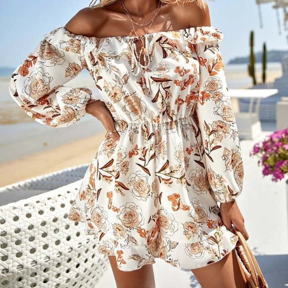 Multicolor Boho Womens Floral Print Off Shoulder Knot Front Romper - Picture 5 of 5